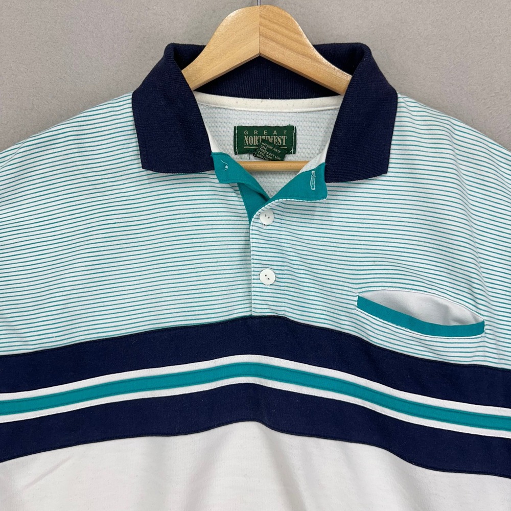VTG 70s Polo Shirt‎ Mens Medium Blue Striped Ringer Tennis Great Northwest Retro
